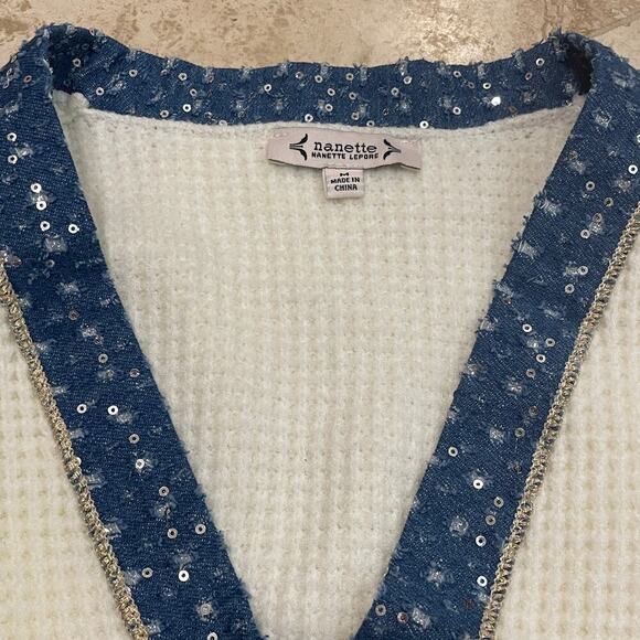 Nanette Lepore M Cardigan NWOT | Cream Knit, Denim Sequin Trim, Gold Buttons - Picture 9 of 9